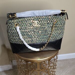 Beautiful Green Tweed and Black Leather Shoulder Bag